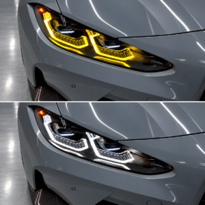 Grauer BMW G80 mit gelbem und weißem Laserlicht-Tagfahrlicht, durchgehender Motorhaube und grauem Studioboden